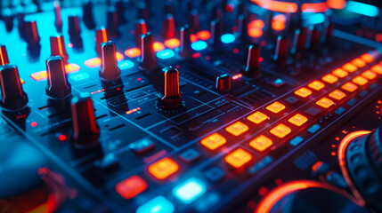 Close-up of a DJ console under LED light. Macro photo. Music and equipment concept.