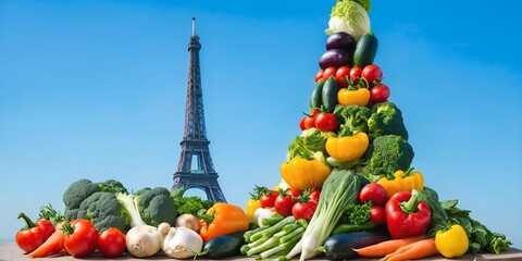 Various vegetables in shape of Eiffel tower on blue.