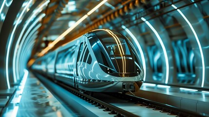 A high-speed magnetic levitation train speeding through a futuristic underground tunnel network.