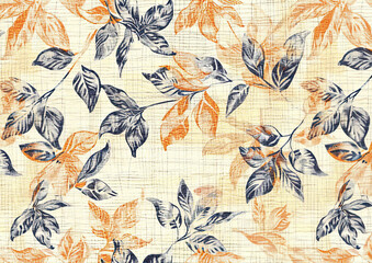 vintage retro botany and flowers pattern on linen fabric background
