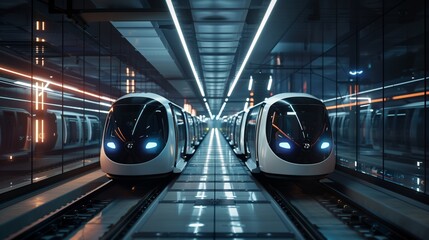 A modern train station with autonomous pods transporting passengers