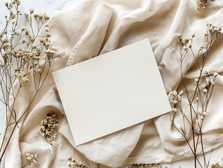 A blank card mockup on top of dried flowers, in neutral tones, in the style of flat lay