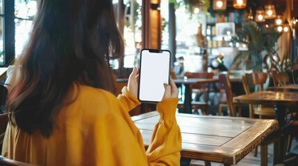 Woman holding smartphone with white screen 