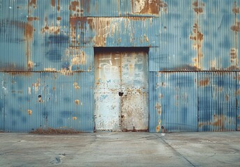 rusty door on blue warehouse