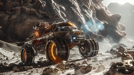 A robotically controlled rover exploring the rugged terrain of an alien planet, sending back...