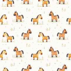 Cute watercolor ponies grazing in a meadow, seamless vector pattern