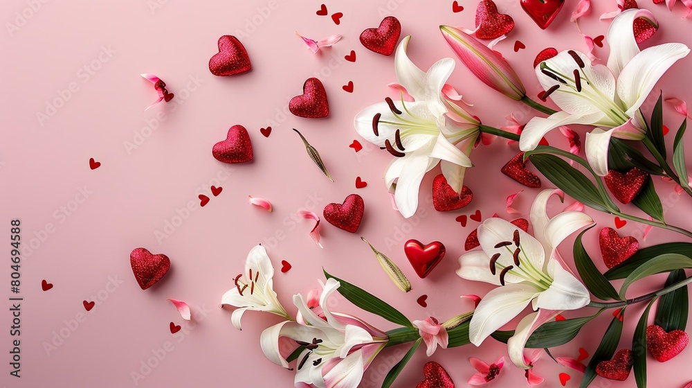 Wall mural Celebrate love and appreciation with a charming Valentine s card adorned with elegant lily flowers and whimsical red hearts set against a soft pink backdrop perfect for occasions like Valen