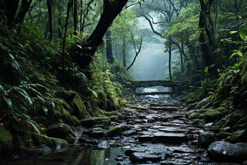 A rugged hiking trail leading through dense forest to a hidden waterfall, isolated on solid white...