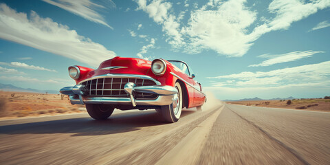 Joy ride concept. Unknown blonde woman driving gorgeous vintage red car in American Southern state. Text space. Cinematic style. Outdoor shot