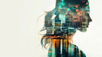 Side view Double exposure of woman with city and data on blurry background