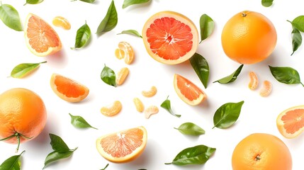 Obraz premium Fresh citrus fruits and leaves on white background. Oranges, grapefruits and tangerines top view. Healthy food concept with copy space. Vibrant colors in a clean layout. AI