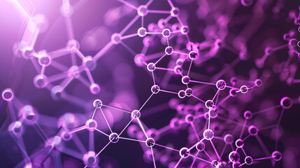 Cosmic purple background with advanced tiny polygonal molecular structures interconnected small polygons glowing brightly, representing cosmic and scientific advancements.