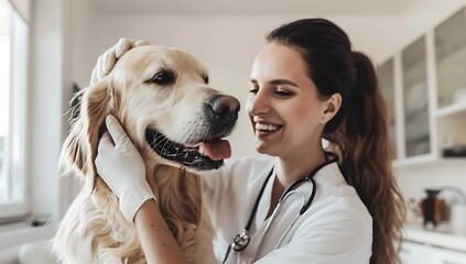 A young, female professional nurse wearing blue scrubs is holding the head of an old golden retriever dog