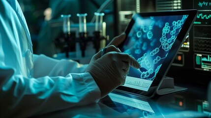 A scientist using a tablet to control a nanotechnology experiment