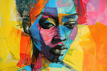 Drawing Feminine face African in the style of cubism, bright coloring. Abstract fashionable style. close-up