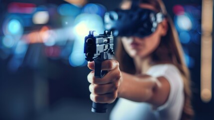 Woman using VR headset and holding gun with blur background