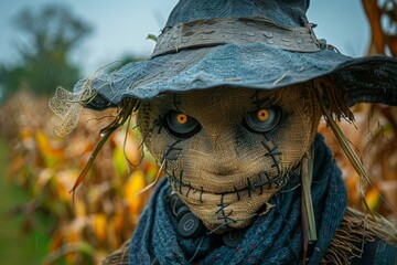 A detailed close-up of a scarecrow's face made from burlap with button eyes, conveying an eerie Halloween atmosphere