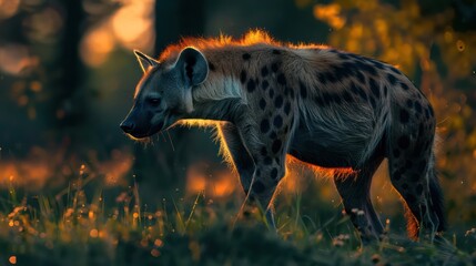 Obraz premium A captivating portrait of a hyena roaming through the wilderness, bathed in the warm glow of golden hour sunlight