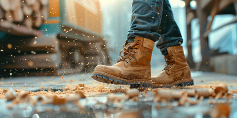 Close-up of workers legs in safety boots walking on scattered sawdust. Woodworking, sawmill, construction and carpentry.