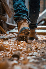 Close-up of workers legs in safety boots walking on scattered sawdust. Woodworking, sawmill, construction and carpentry.