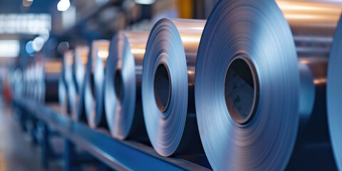 Close-up roll of stainless steel, background with copy space. Roll of thin metal sheets in a factory, industry and production.
