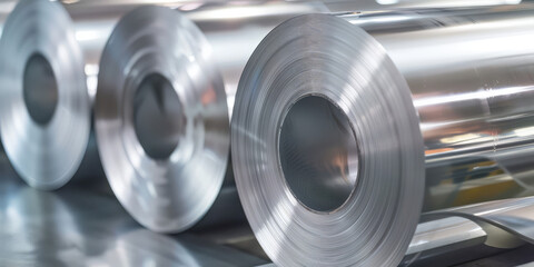 Close-up roll of stainless steel, background with copy space. Roll of thin metal sheets in a factory, industry and production.