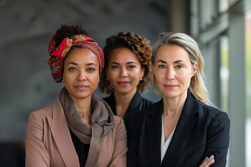 Portrait of three diverse women in business suits in the office.