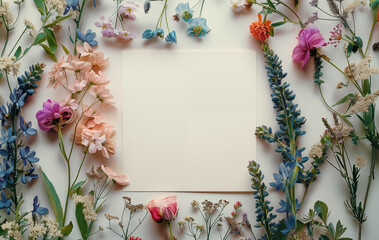 White blank paper in frame of flowers. Mock-up. Place for signature, Copy space.
