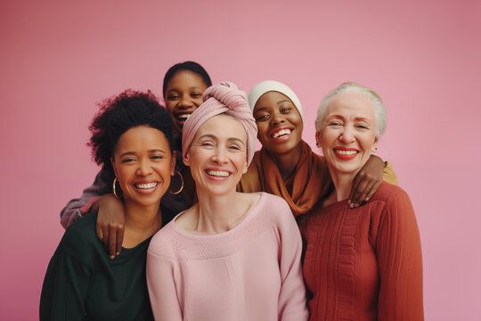 Group of beautiful diverse women of different ages in a studio on a pink background. Portrait of smiling multiethnic women.