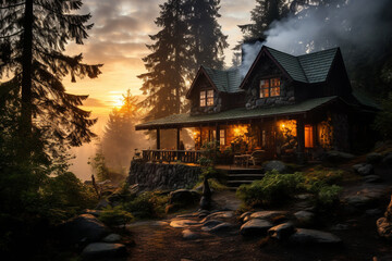 A rustic cabin nestled in the woods, with smoke curling from its chimney in the evening light