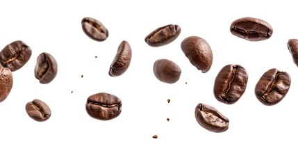 Scattered coffee beans floating against a clean background. Ideal for advertising and design. Freshness and energy in one shot. AI