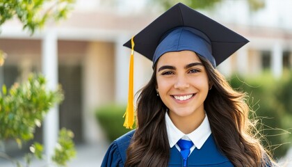 Latin Female Graduate - Celebrating Graduation from College or University - Wearing Graduation Attire - Graduation Hat and Robes - Succesfull Young Adult or Teenager Smiling and Happy