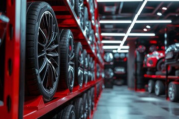Organized Alloy wheels automobile on service center racks. Auto replacement wheels in transport garage. Generate ai
