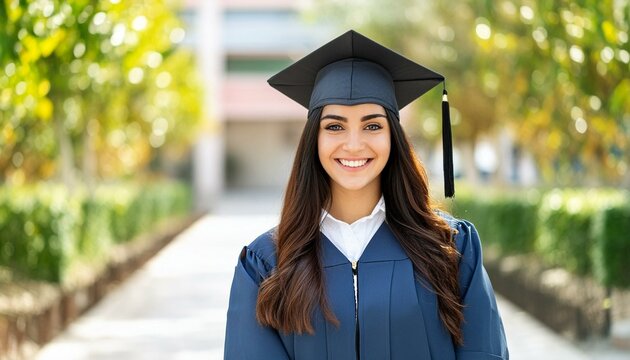 Latin Female Graduate - Celebrating Graduation from College or University - Wearing Graduation Attire - Graduation Hat and Robes - Succesfull Young Adult or Teenager Smiling and Happy