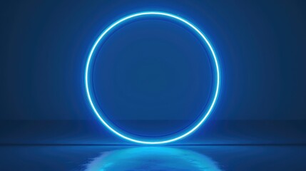 3d render, abstract simple blue background with glowing ring illuminated with the neon light. Geometric shape, blank round frame