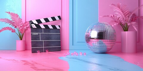 Cinematic Pink: Clapperboard and Disco Ball in a Vibrant Pink and Blue Setting