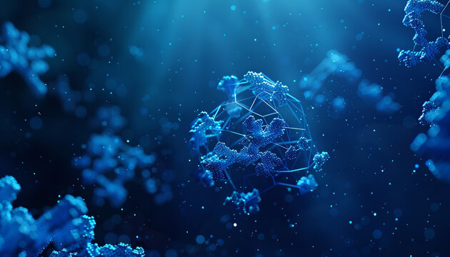 Deep ocean blue with high-tech tiny molecular polygonal mesh complex formations of small polygons, glowing against a dark sea-themed backdrop.