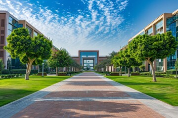 Obraz premium Modern campus, highrise building square in front of the modern university and business center with green lawns and trees, commercial office buildings on both sides Generative AI