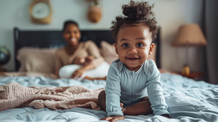 Portrait of a cute little African American child sitting on the bed with his mother. Happy child and mother spending time together at home. Childhood concept.