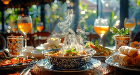 Thai banquet table set in a traditional restaurant. Assortment of Thai dishes with steam rising, under warm lighting. Concept of Asian dining experience, cultural feast, authentic cuisine