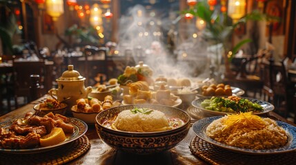 Fototapeta premium Elaborate Thai banquet table set in a traditional restaurant. Assortment of Thai dishes with steam rising, under warm lighting. Concept of Asian dining experience, cultural feast, authentic cuisine