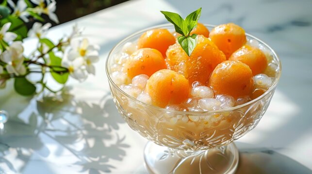 Thai tapioca pudding with cantaloupe in a glass bowl. Sago dessert with sweet orange melon. Concept of Thai cuisine, traditional Asian dish, summer desserts