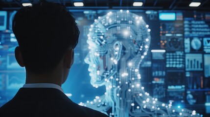 A man's rear view looking at a visualization of a brain with digital elements, symbolizing AI cognitive process