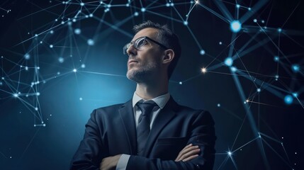A businessman stands with a digital network interface projected in front of him, depicting connection and data analysis