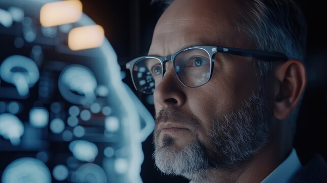 An intellectual male dons augmented reality glasses, visually engaging with digital information systems