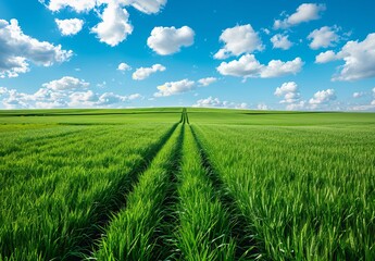 a vast green field under blue skies