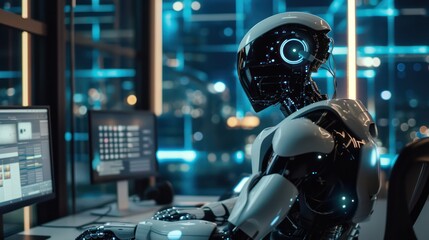 A robot with human features sits in a futuristic setting, symbolizing AI and technological advancement in robotics