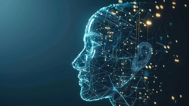 A compelling visual that depicts a human head profile made of digital networks and glowing nodes, illustrating concepts of AI and technology