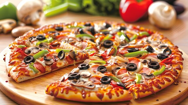 Delicious homemade pepperoni pizza with olives and green peppers. Freshly baked pizza on wooden board. Ideal image for restaurant menus. Tasty Italian cuisine. AI