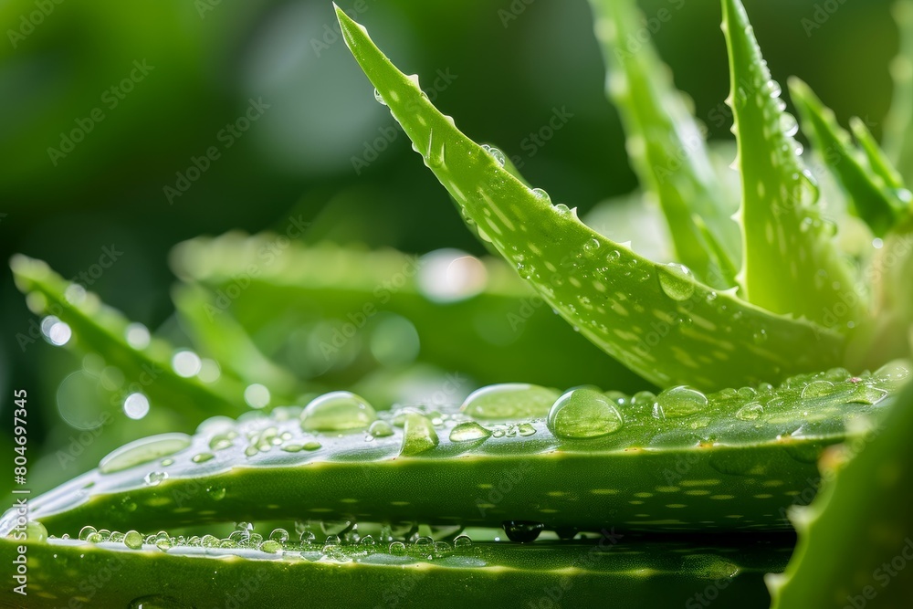 Poster Succulent Aloe vera leaves. Green drop. Generate Ai